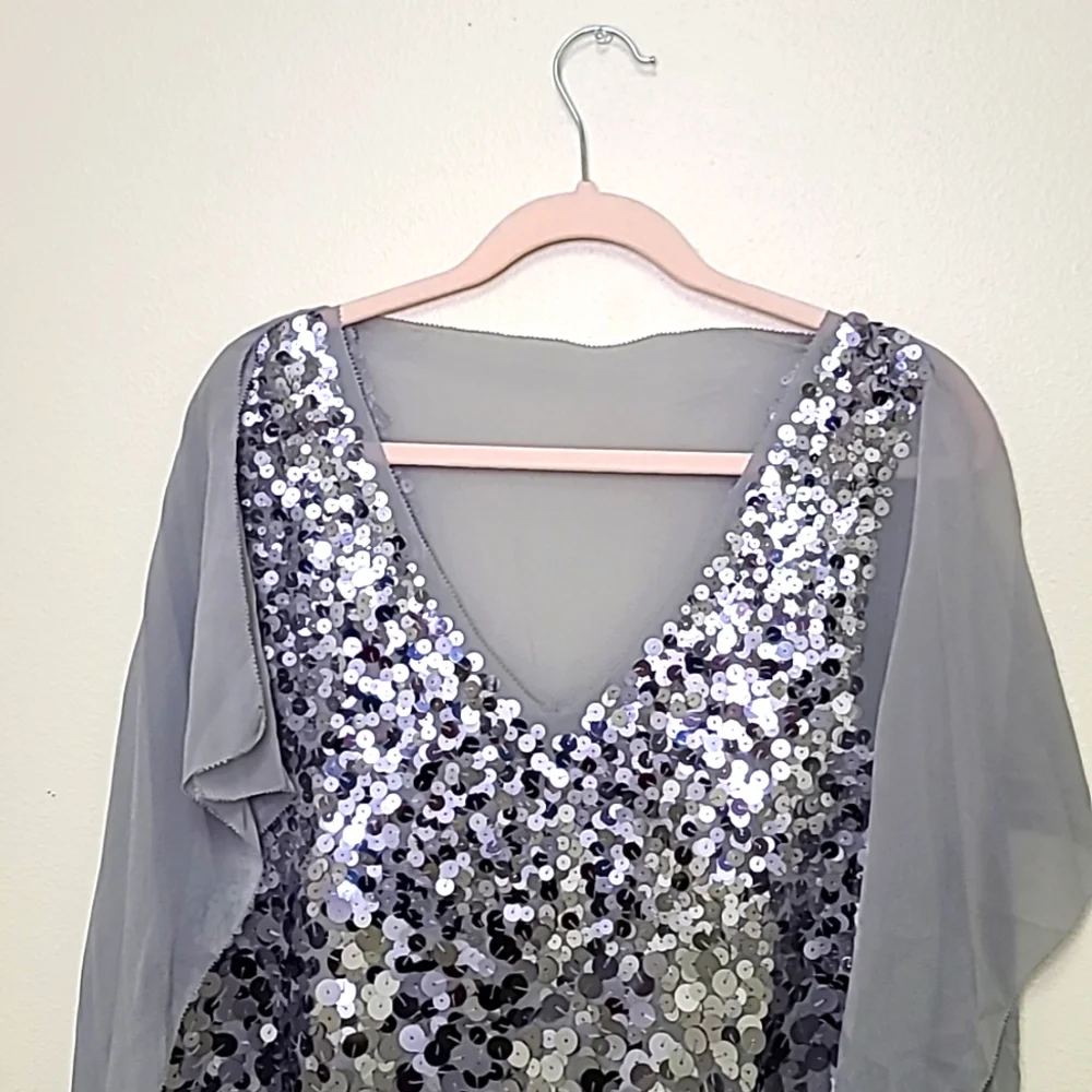 $228 BCBG Silver Sequin Chiffon Batwing Top
